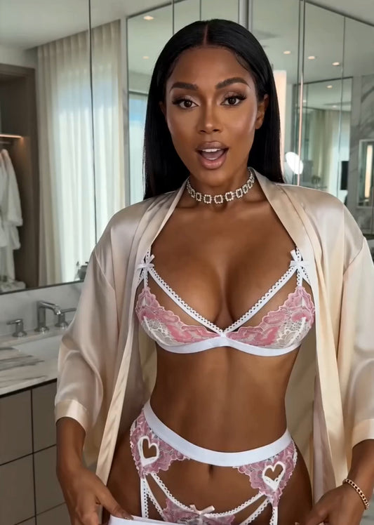 Kayla 3-Piece Lace Lingerie Set with Garter Belt Heart Cutout Lace Design