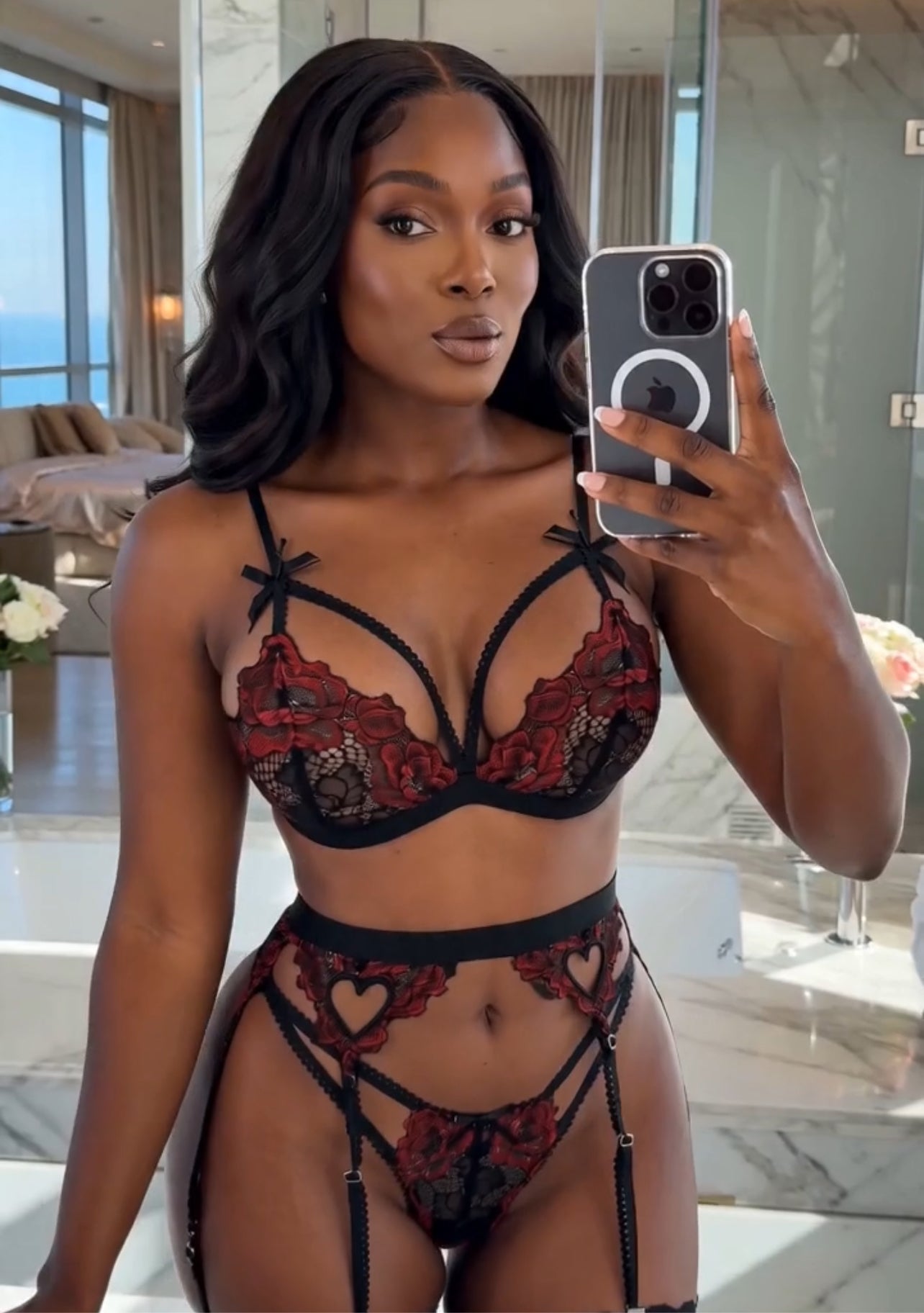 Kayla 3-Piece Lace Lingerie Set with Garter Belt Heart Cutout Lace Design