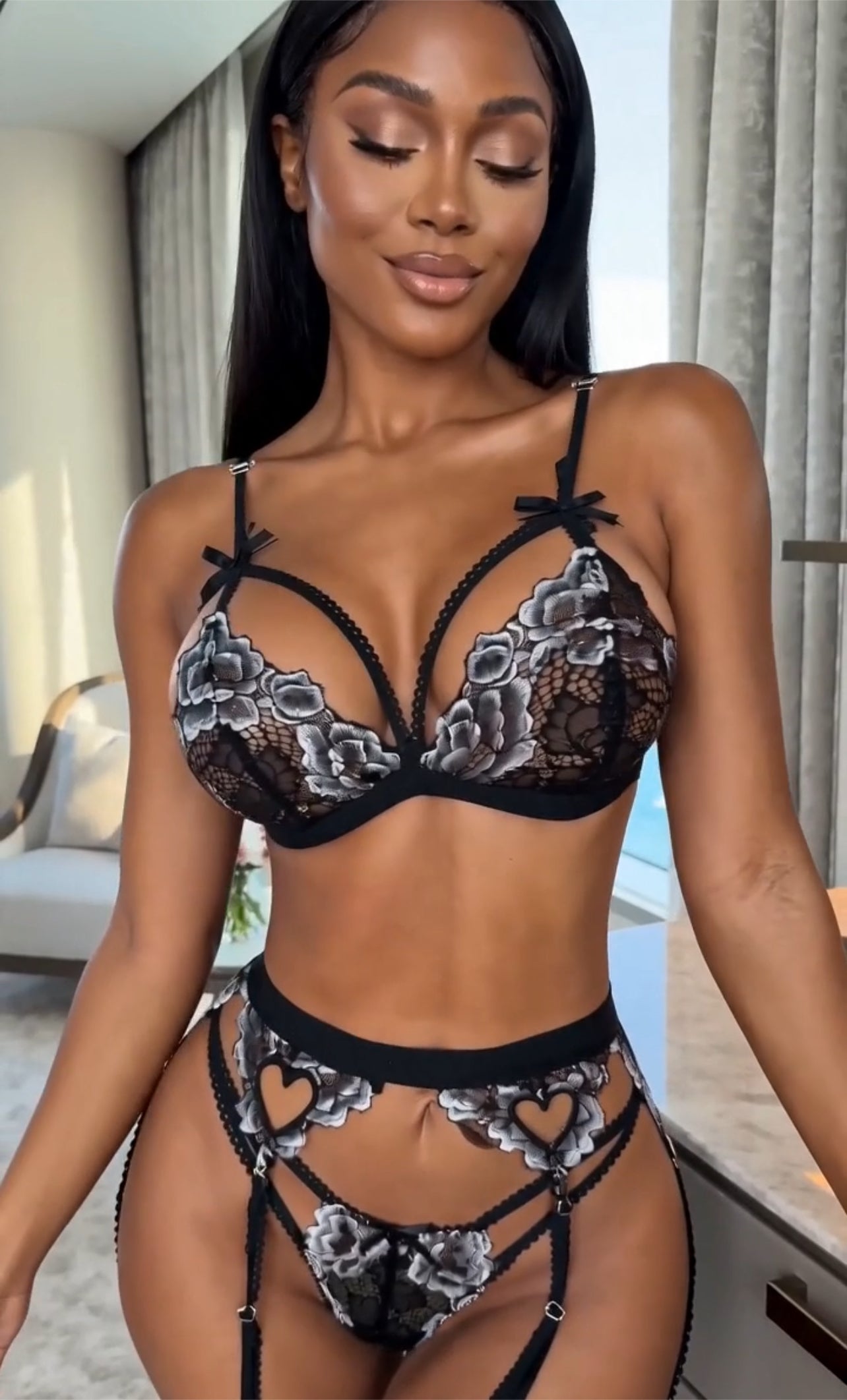 Kayla 3-Piece Lace Lingerie Set with Garter Belt Heart Cutout Lace Design