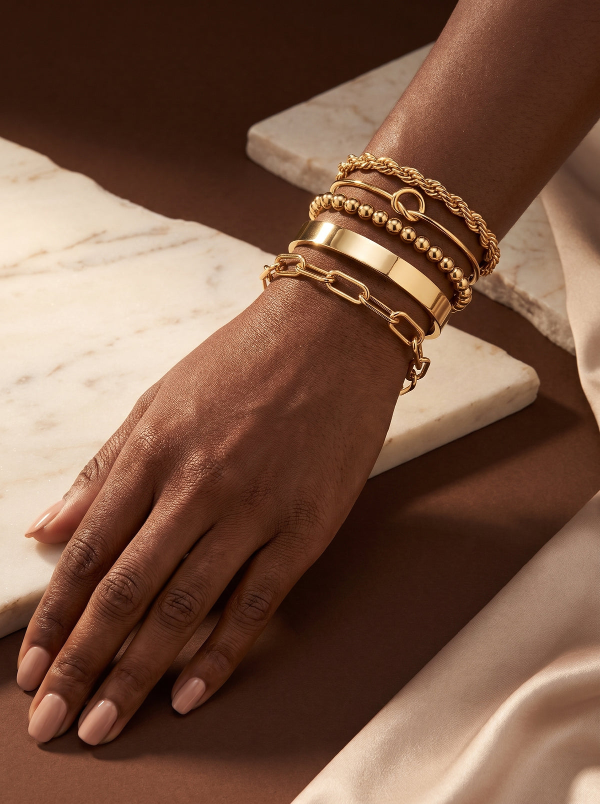 Gold Bracelets Set for Women Non Tarnish, Waterproof 14K Gold Plated Sterling Silver Chunky Cuff Bracelet Stackable Gold Bangles