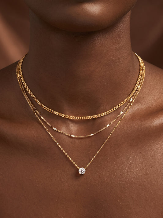 14K Gold Plated Layered Necklace Set for Women – Dainty Pendant & Cuban Chain Stackable Gold Choker
